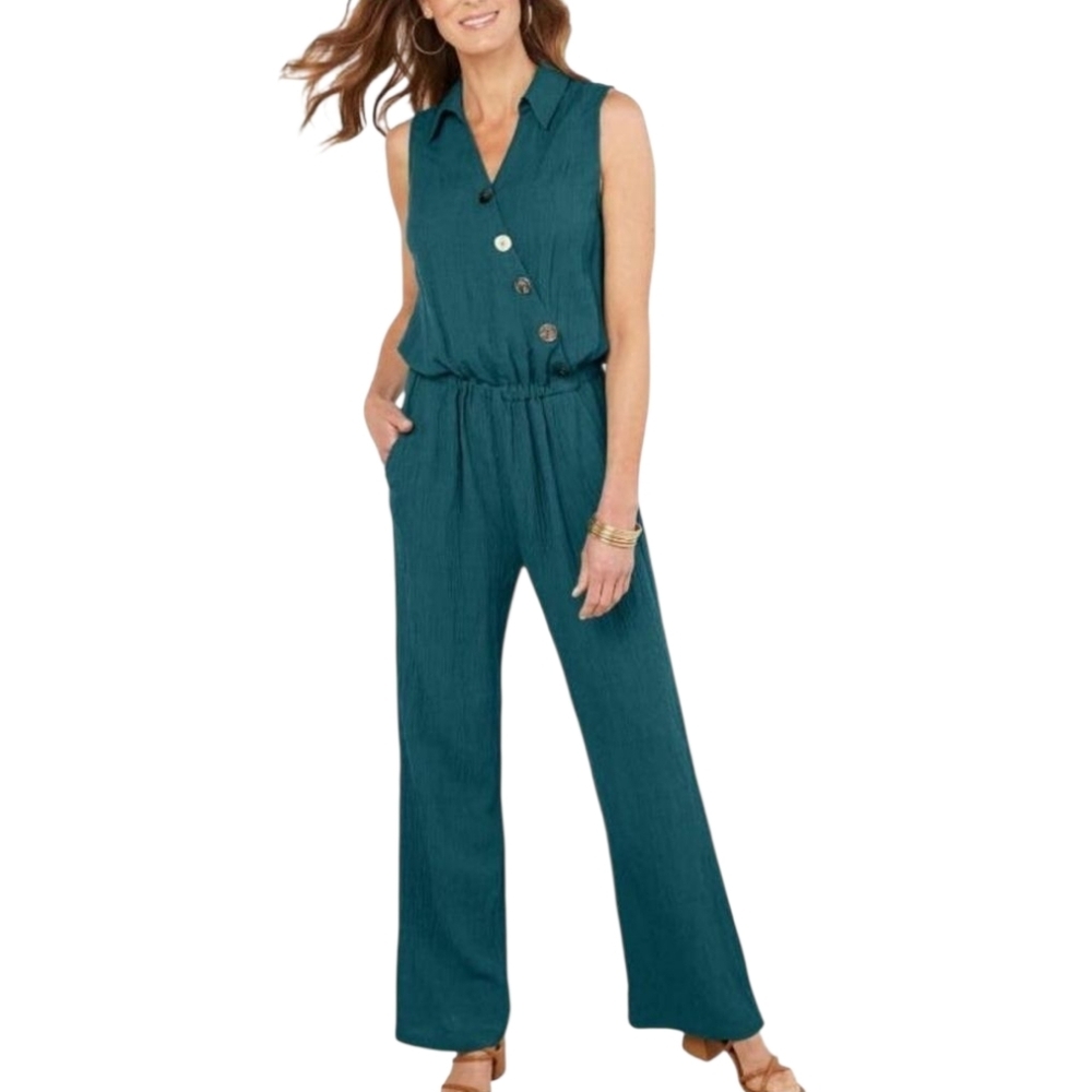 Soft Surroundings Rio Jumpsuit Sleevless Crepe Wrinkled Pantsuit - Women's